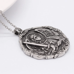 Vintage silver wings angel sword cross medallion pendant with round steel chain