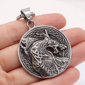 Vintage Nordic Viking Wolf Pendant Necklace For Men Titanium Steel Celtic Knot Rune Medallion Antique Silver Color Jewelry