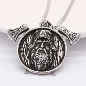 Nordic Viking Berserker shield necklace with crossed axes in antique steel finish
