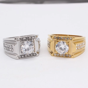 Luxurious men's titanium steel rings in gold and silver with large round zircon center stones