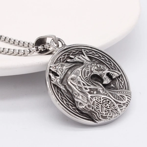Vintage silver Nordic Viking wolf pendant necklace with chunky chain for men