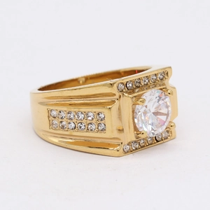 Luxury gold-plated titanium steel men's ring with large round solitaire zircon and pavé stones