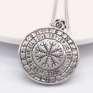 Nordic Viking Vegvisir compass necklace in polished stainless steel for men