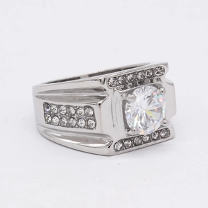 Men's wide band wedding ring in titanium steel with a large round clear zircon stone