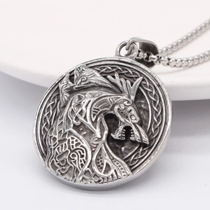 Retro Viking wolf pendant necklace in stainless steel with Nordic mythology relief detail