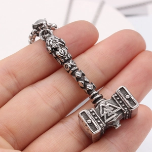 Collier marteau de Thor viking vintage avec symbole Valknut en acier argenté antique