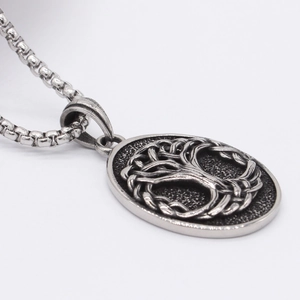 Retro stainless steel tree of life oval pendant necklace with oxidized silver finish