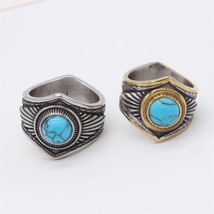 Retro titanium steel feather rings for men with blue turquoise stone and sunburst engraving