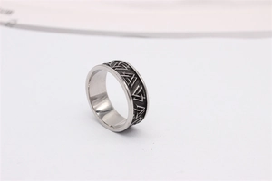 Detail of Viking Valknut triangle symbol on vintage titanium steel ring for men
