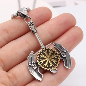 Collier pendentif hache Viking rétro en acier inoxydable avec détail compas Vegvisir