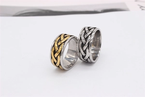 Macro detail of men's titanium steel rings with intricate vintage woven textures