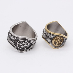 Vintage steel feather rings with turquoise and cross pattern in silver and gold finish