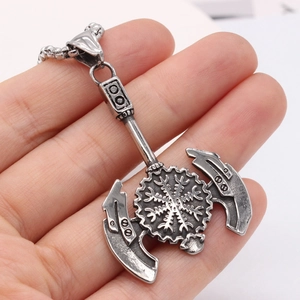 Collier avec pendentif hache double viking vintage et boussole nordique en argent