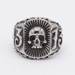 Vintage punk skull ring for men with number 13 engraving and antique silver finish