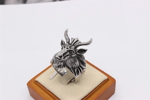 Macro detail of retro goat head ring showing intricate horn textures and antique silver finish
