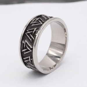 Retro Viking Valknut triangle embossed stainless steel ring with polished inner surface