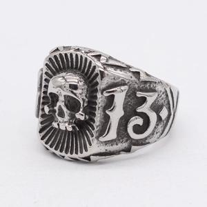 Gothic style stainless steel ring with 13 skull relief and vintage silver finish
