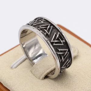 Vintage Viking Valknut triangle ring in silver steel with a wide band and matte finish