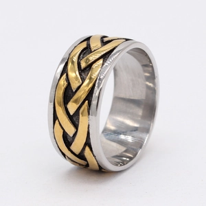 Vintage Viking woven knot ring in two-tone stainless steel with celtic gold pattern