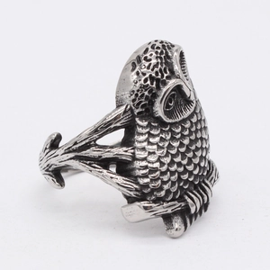 Retro stainless steel owl ring for men with detailed vintage feather and branch design
