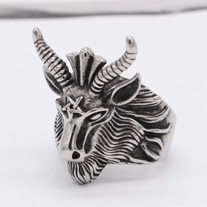 Retro stainless steel goat head ring featuring detailed ram horns and pentagram symbol