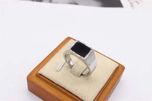 Polished silver stainless steel signet ring with a rectangular black drip oil inlay