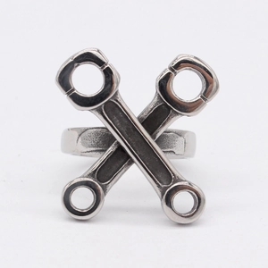 Retro mechanical industrial wrench ring in titanium steel with a vintage black finish