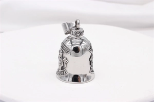 Detailed macro view of the Saint Christopher cross bell pendant in polished steel