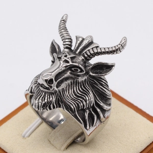 Gothic men's stainless steel goat head ring with pentagram in vintage silver finish
