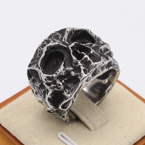 Retro vintage skull textured wide titanium steel ring for men with oxidized silver finish