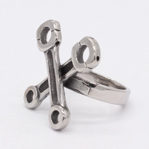 Industrial style silver titanium steel ring with unique wrench mechanical design for men