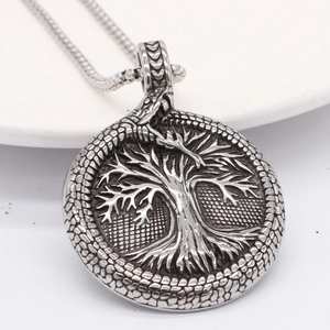 Retro Tree of Life and Ouroboros pendant necklace in polished stainless steel