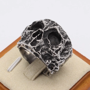 Vintage gothic skull ring with textured lava metal finish in stainless steel for men