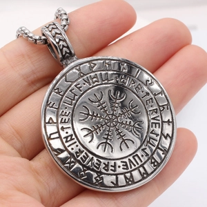 Retro Viking Vegvisir compass pendant necklace with runes in vintage silver finish