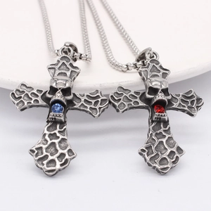 Gothic skull cross pendant necklaces with red and blue gemstones on metal bead chains