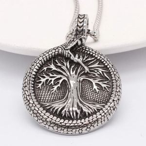 Retro Viking Tree of Life round pendant necklace in silver stainless steel finish