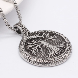 Retro Viking Tree of Life stainless steel pendant necklace with Ouroboros snake frame