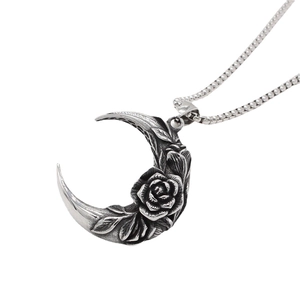 Pendentif Seul Croissant de Lune Fleur de Rose en Acier Inoxydable Gothique Vintage Bijoux Rétro Noir Argent Homme Femme