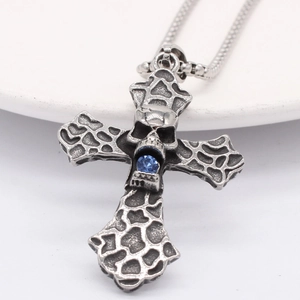 Retro gothic skull cross pendant necklace with blue gemstone on stainless steel chain