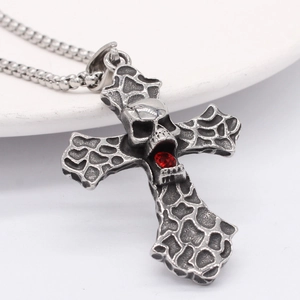 Gothic skull cross pendant necklace in vintage steel with a red zircon stone inlay