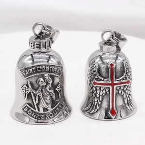 Retro stainless steel bell pendants featuring Saint Christopher and red cross wing designs
