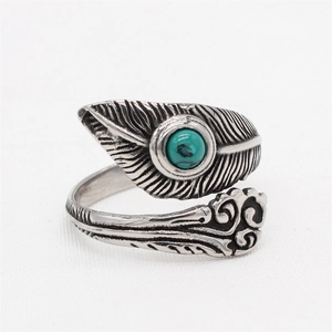 Vintage oxidized silver feather ring with turquoise stone inlay for men