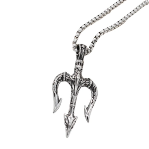 Retro silver trident pendant necklace for men featuring intricate vintage metal engraving