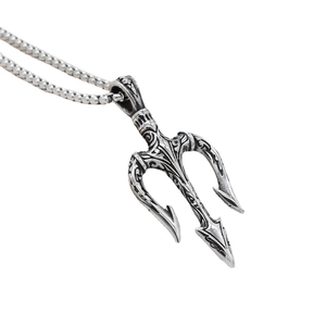 Vintage trident pendant necklace for men in antique silver finish with metal ball chain