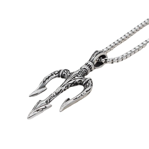 Vintage trident pendant necklace for men in silver steel with intricate embossed textures