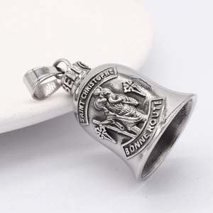 Retro stainless steel bell pendant necklace with Saint Christopher relief and text