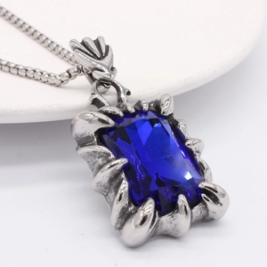 Collier gothique vintage pour homme avec pierre bleue rectangulaire et chaîne argentée