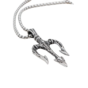 Vintage stainless steel trident pendant necklace for men with engraved floral patterns