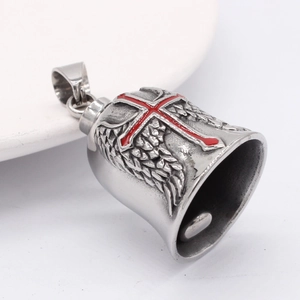 Retro stainless steel bell pendant with red cross and feather wings on white background