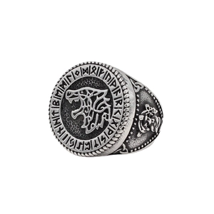Vintage Viking wolf head ring in stainless steel with Nordic runes and Celtic patterns